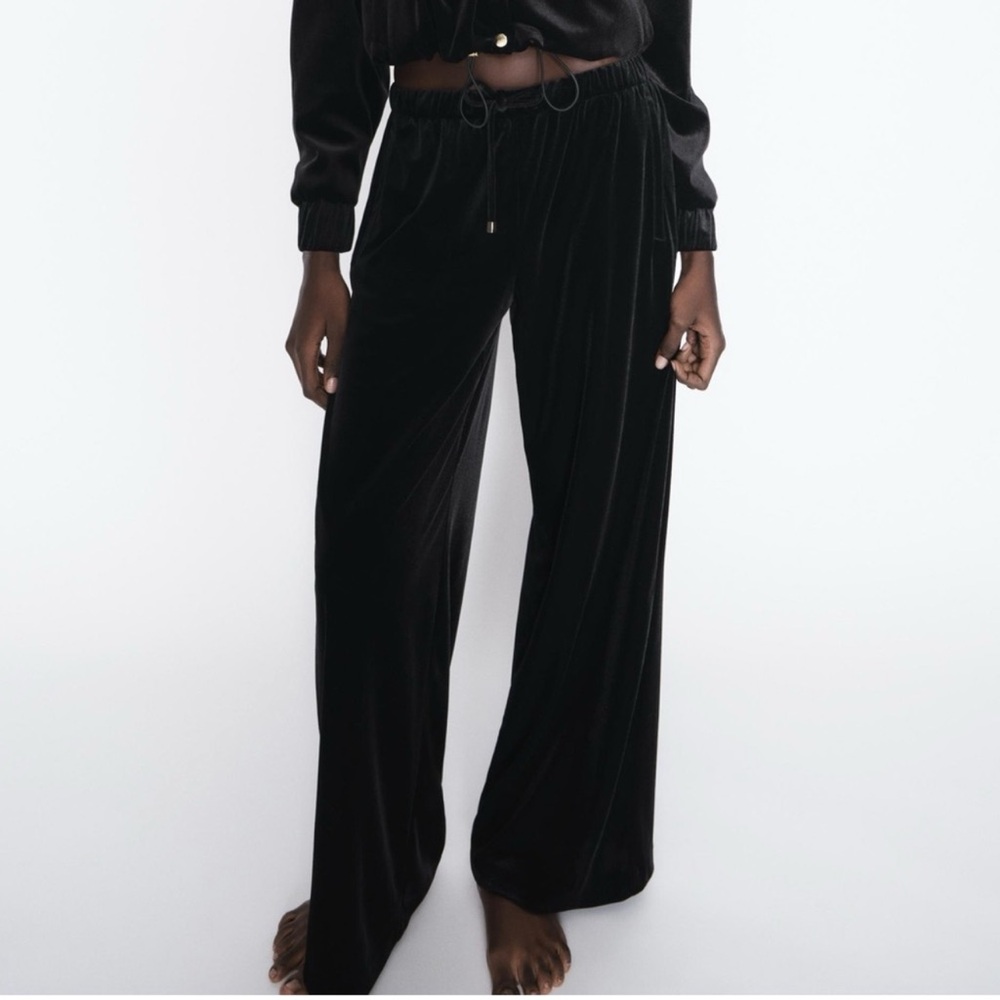NEW Zara Black Velvet Wide Leg Pants Elastic Drawstring Waist Trousers Women L